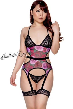 ローズフラワーメッシュガーター付きランジェリーセット
