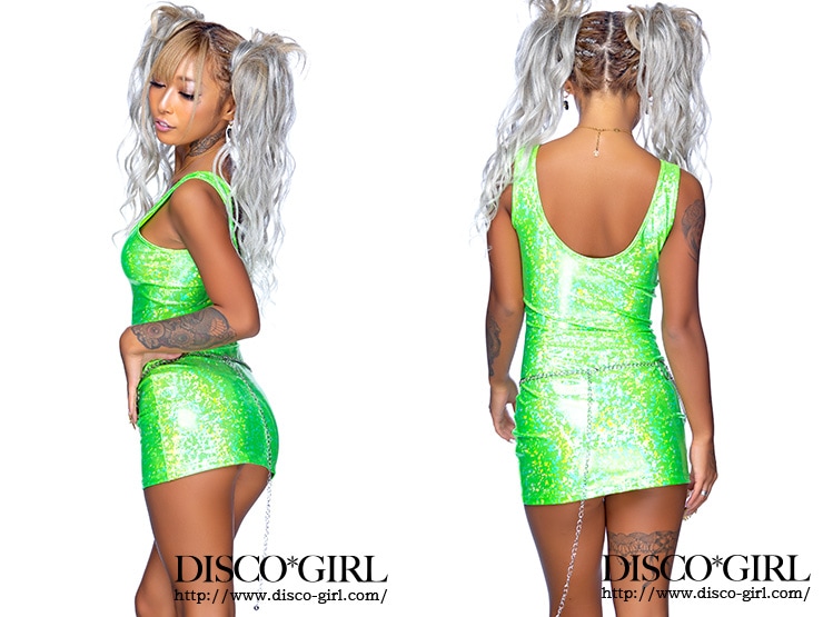 【Disco＊Girlオリジナル】TypeF シンプルボディコン・ホログラムラメライム