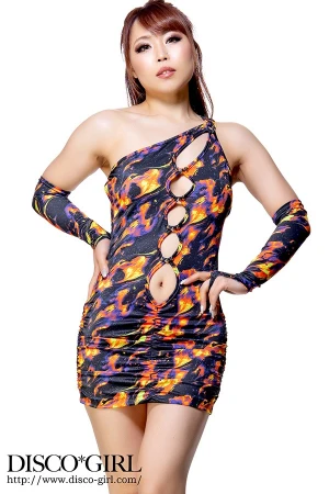 ビット付きフロントサークルカットワンショルダーボディコン・ファイヤー柄2