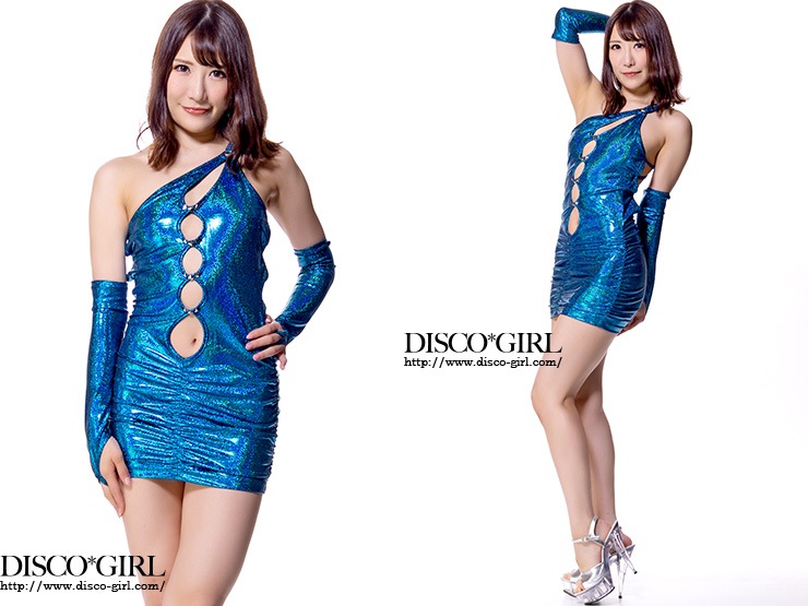 ビット付きフロントサークルカットワンショルダーボディコン・フォイルラメブルー