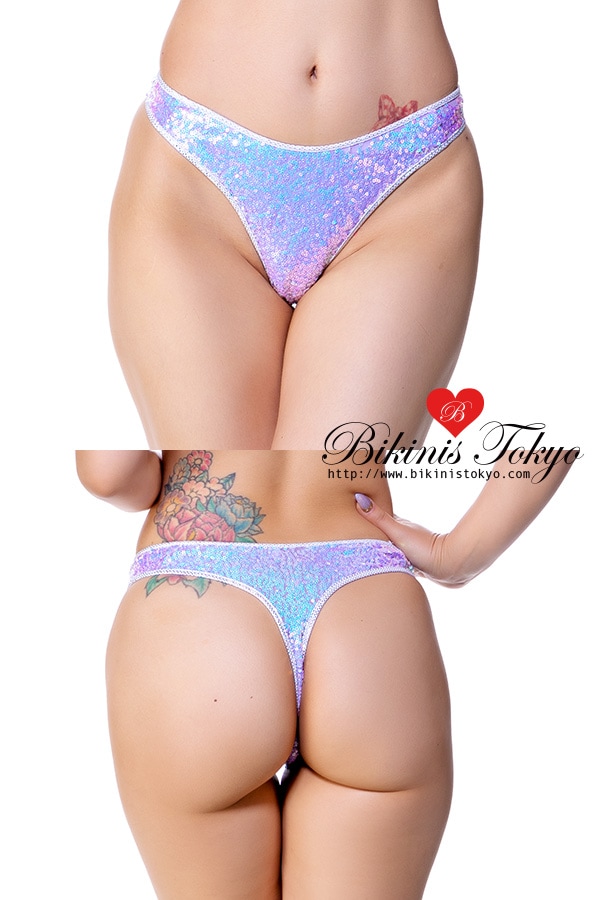 パイピング付きスパンコールTバックボトムショーツ・ホワイトラベンダー