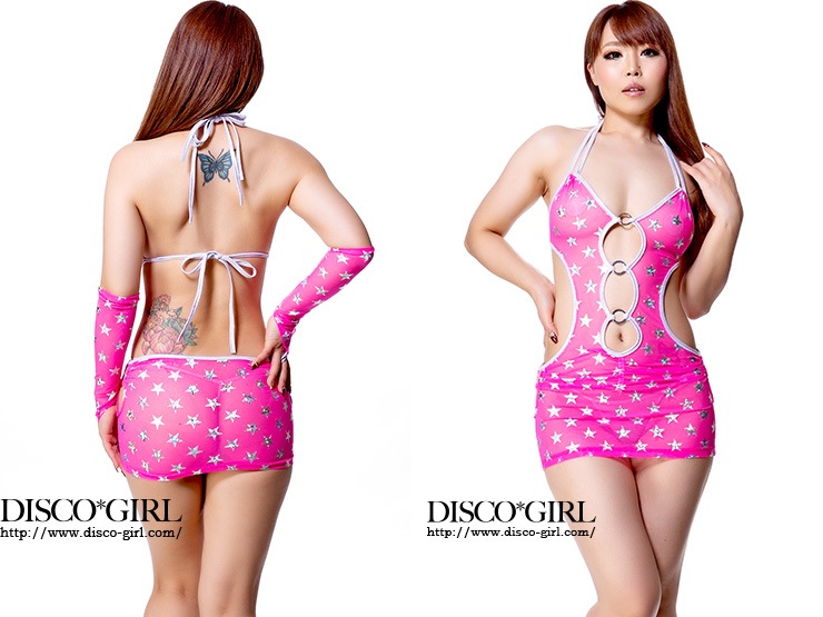 フロント＆サイドリング付きマイクロミニ ボディコン・キラキラスターメッシュピンク