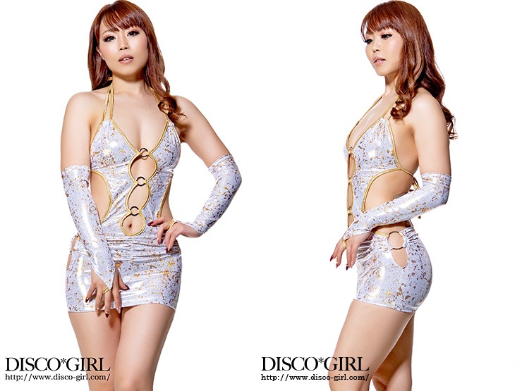 フロント＆サイドリング付きマイクロミニ ボディコン・スプラッシュラメホワイト-ゴールド