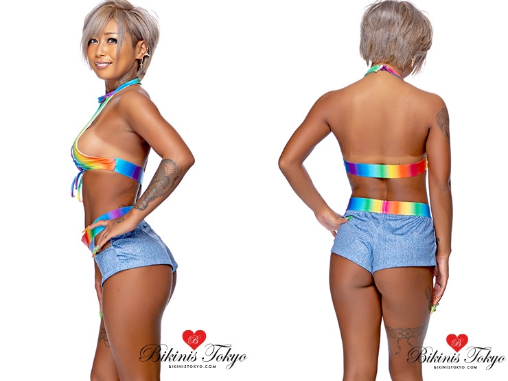 レインボーカラーとデニムプロントボトムのセットアップ