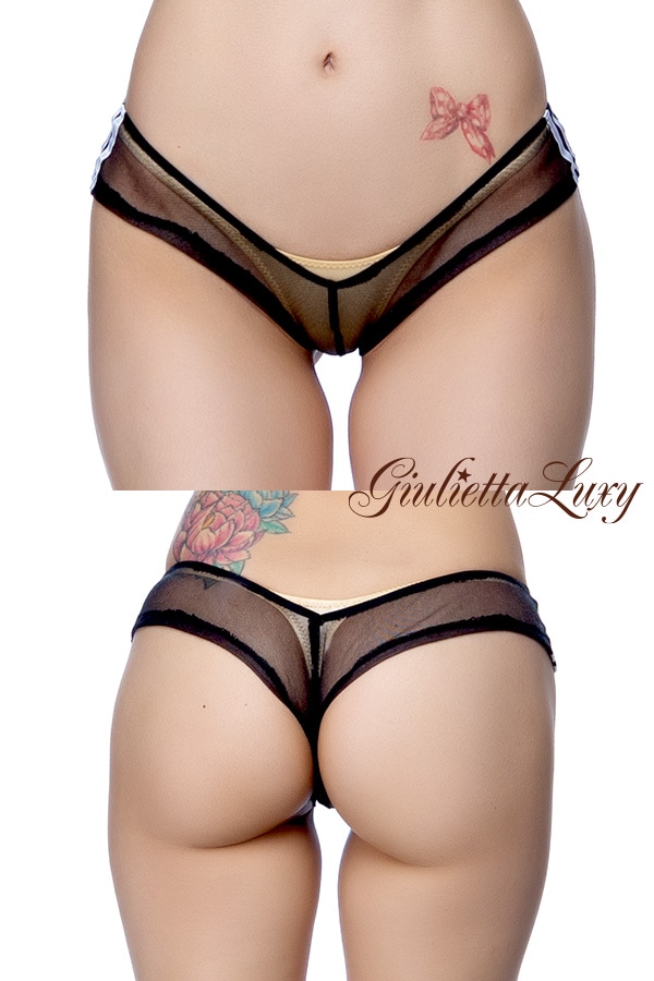 すけすけメッシュ素材サイドライン極浅ヒップハングショーツ・ブラック