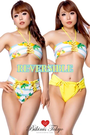 リバーシブル★レースアップデザインレモンボーダー柄ビキニセット