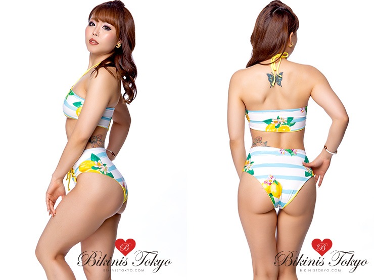 リバーシブル★レースアップデザインレモンボーダー柄ビキニセット