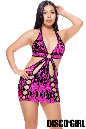 ラインカットアウトホルターボディコン・ラメフレームピンク