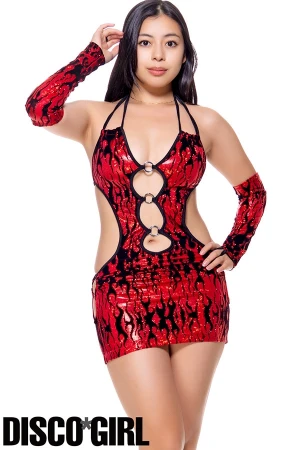 フロント＆サイドリング付きマイクロミニ ボディコン・ラメフレームレッド