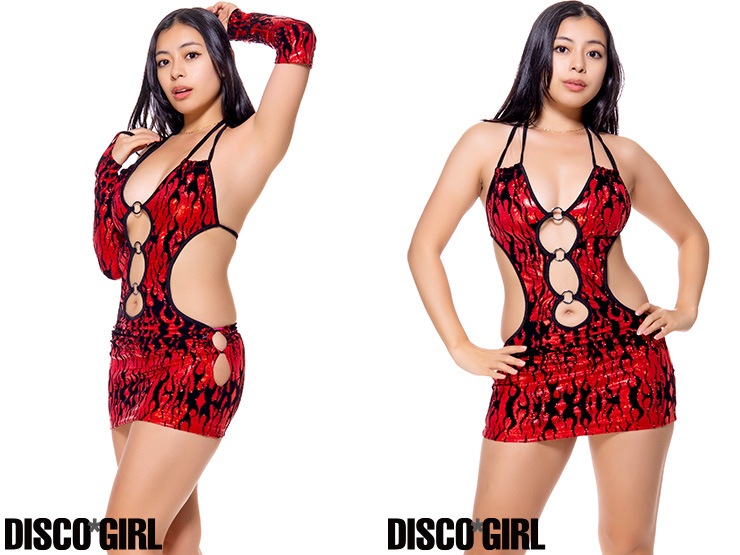 フロント＆サイドリング付きマイクロミニ ボディコン・ラメフレームレッド