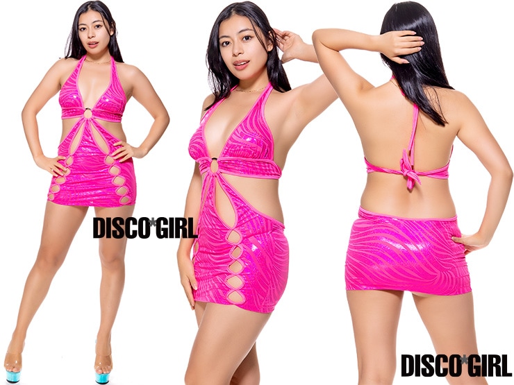 ラインカットアウトホルターボディコン・ビビットゼブラピンク