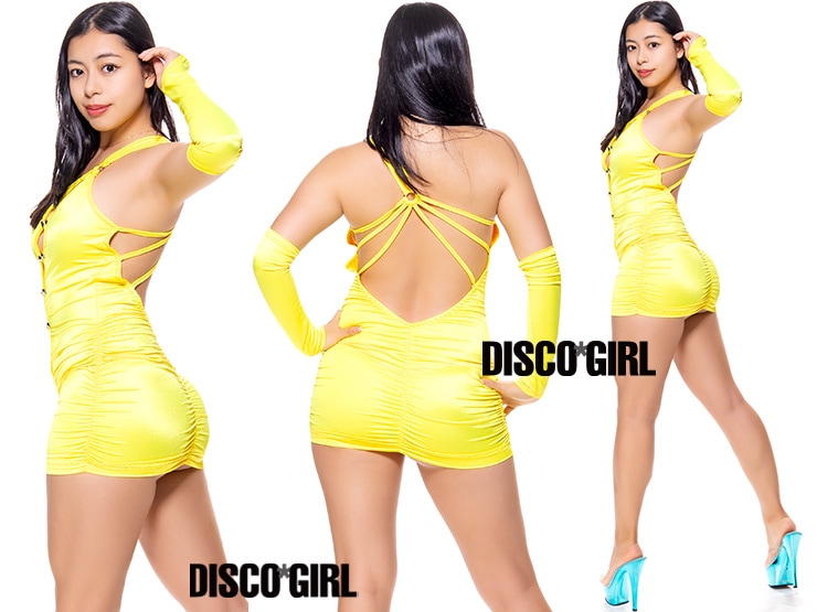 ビット付きフロントサークルカットワンショルダーボディコン・蛍光イエロー