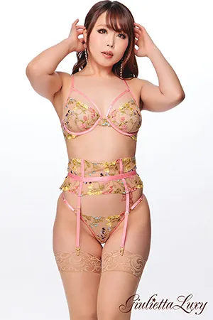 ヌードメッシュ花刺繍ブラショーツレースアップガーター3点セット