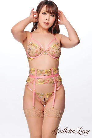 ヌードメッシュ花刺繍ブラショーツレースアップガーター3点セット