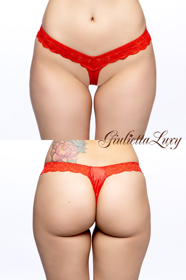 光沢フェリカ素材レースTフロントTバックショーツ・レッド