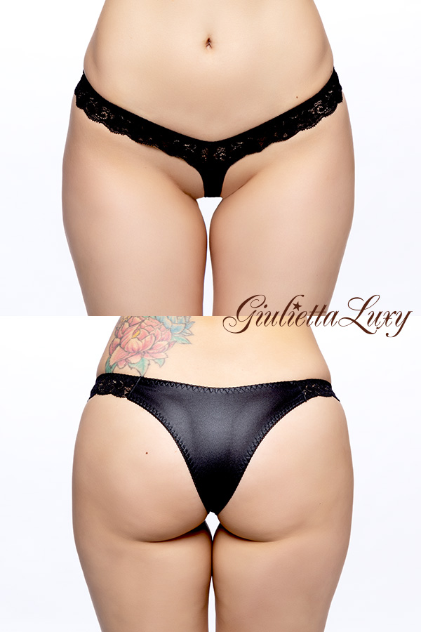 光沢フェリカ素材レースTフロントハーフバックショーツ・ブラック