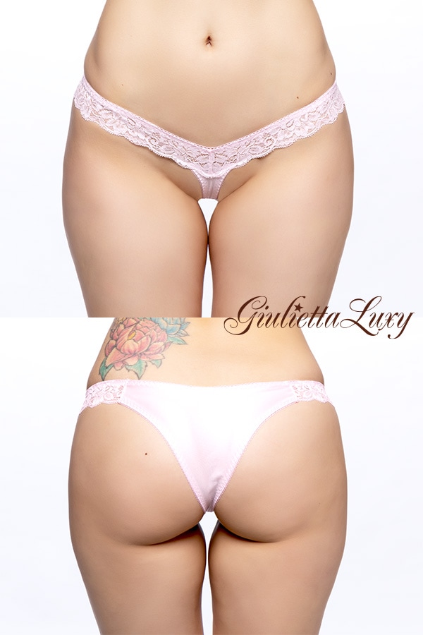 光沢フェリカ素材レースTフロントハーフバックショーツ・ピンク