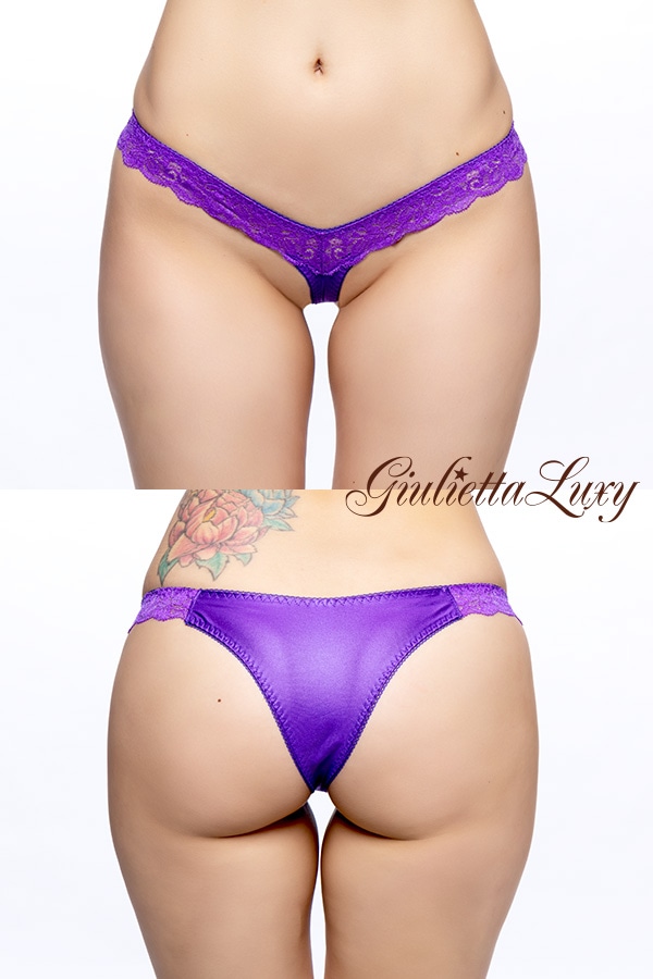 光沢フェリカ素材レースTフロントハーフバックショーツ・パープル