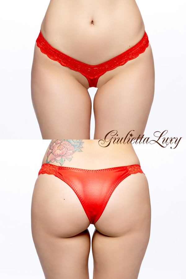 光沢フェリカ素材レースTフロントハーフバックショーツ・レッド