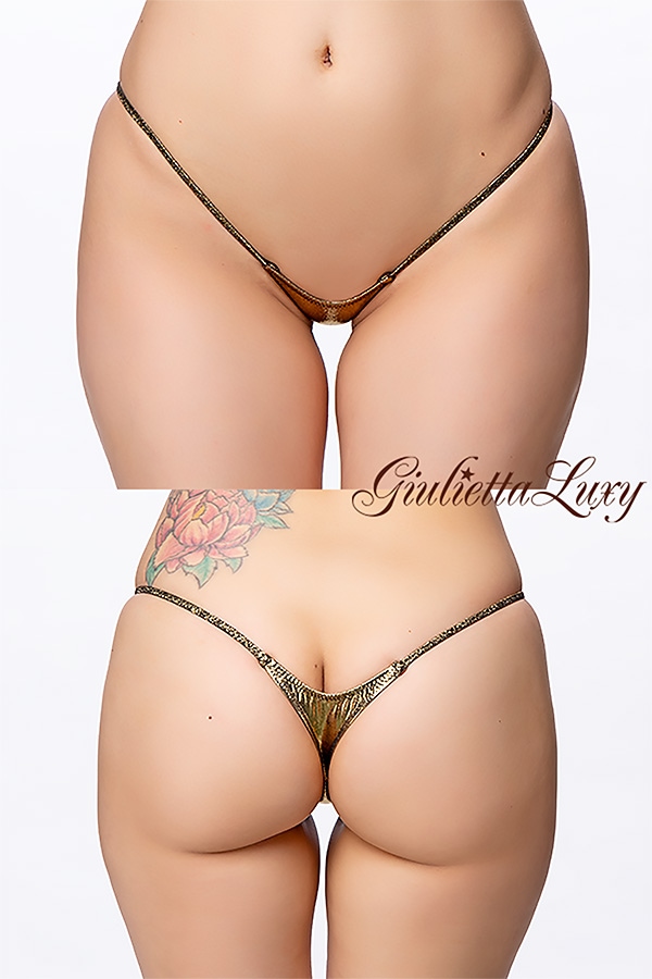 ギラギラシースルー極小マイクロTバックショーツ・ゴールドブラックラメ