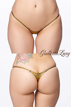 ギラギラシースルー極小マイクロTバックショーツ・ゴールド虹色ラメ