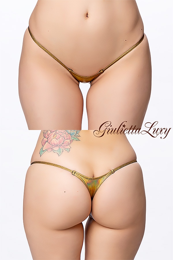 ギラギラシースルー極小マイクロTバックショーツ・ゴールド虹色ラメ