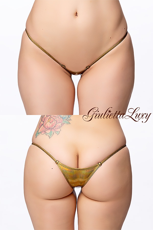 ギラギラシースルー極小マイクロハーフバックショーツ・ゴールド虹色ラメ