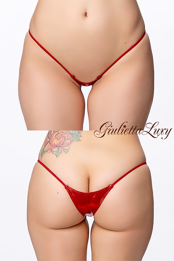 ギラギラシースルー極小マイクロハーフバックショーツ・レッドラメ