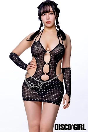 フロント＆サイドリング付きマイクロミニ ボディコン・ブラックメッシュシルバードット