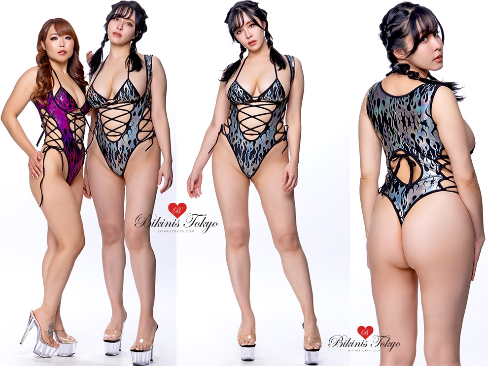 レースアップバストオープンボディスーツ三角ブラセット・メタリックファイヤーシルバー