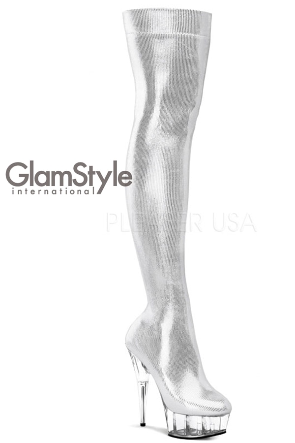 [ Pleaser プリーザー ]ラメグリッターストレッチ ニーハイ ブーツ・ホワイトDEL3005/W/HG