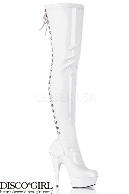 [ Pleaser プリーザー ] 編み上げサイハイロング ブーツ・エナメルホワイトDEL3063/W/M