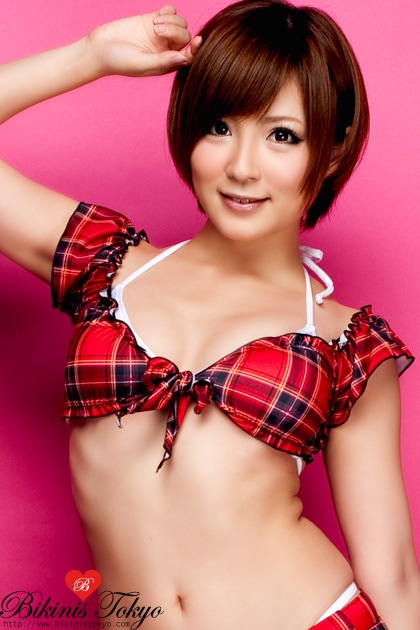 胸りぼん前結びワッフルトップス・レッドチェック