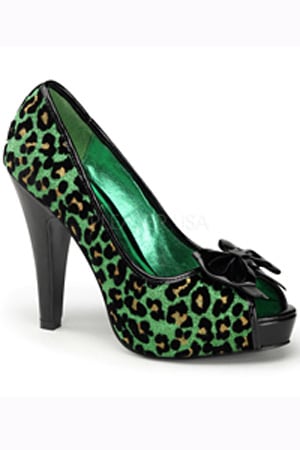リボン付きカラーレオパードオープントゥパンプス・グリーン