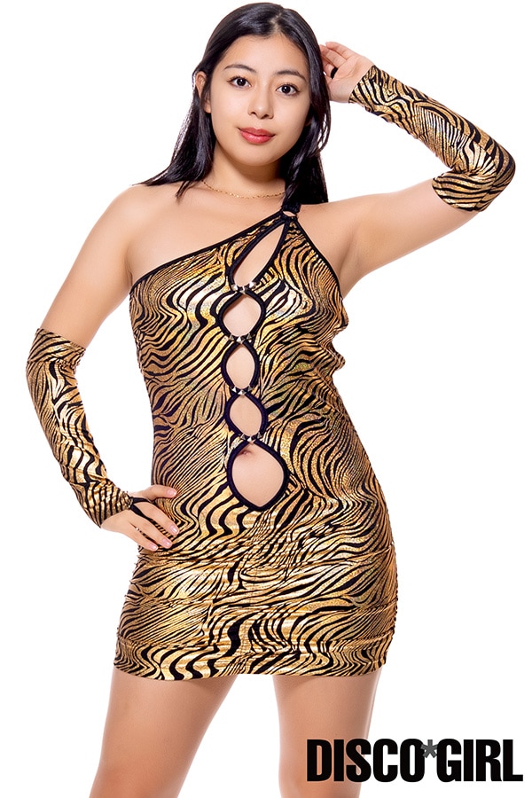 ビット付きフロントサークルカットワンショルダーボディコン・メタリックゴールドゼブラ