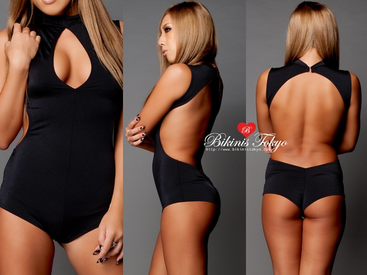 ハイネックバストポイントバックオープンロンパース・ブラック