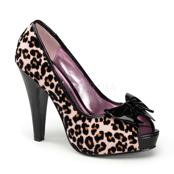 リボン付きカラーレオパードオープントゥパンプス・ベビーピンク