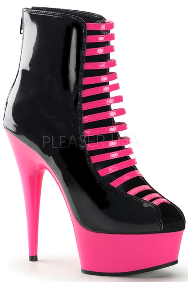 [ Pleaser プリーザー ] オープントゥショートブーツ・ブラックピンクDEL600-33/B-NHP/HP