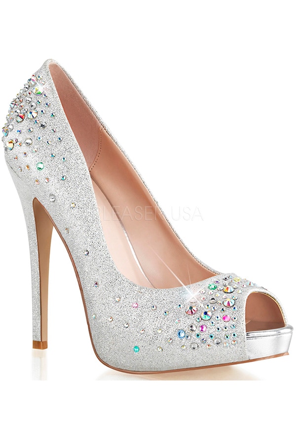 [ Pleaser プリーザー ] ストーン付きオープントゥパンプス・シルバーHEI22R/SFA