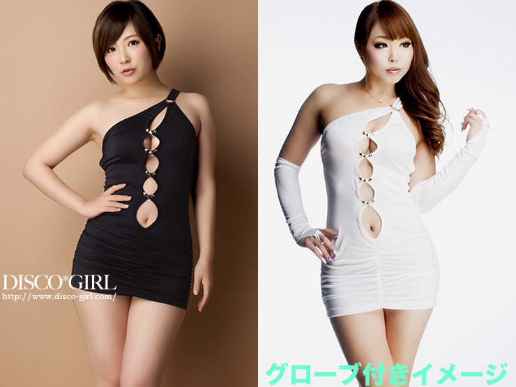 ビット付きフロントサークルカットワンショルダーボディコン・ブラック