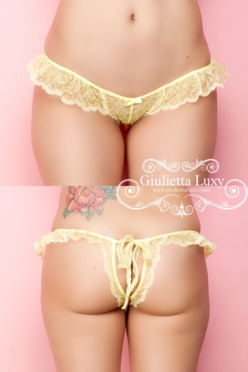 総レース結びリボンバックオープンショーツ・イエロー