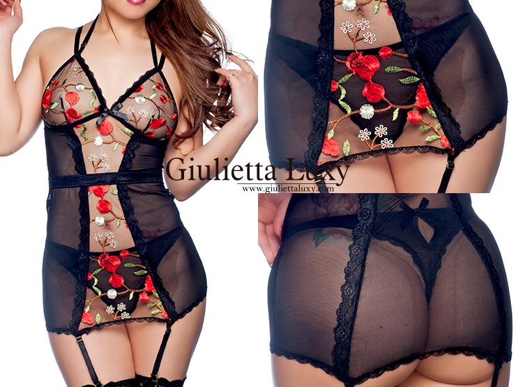 花刺繍ポイントベビードールとショーツの2点セット