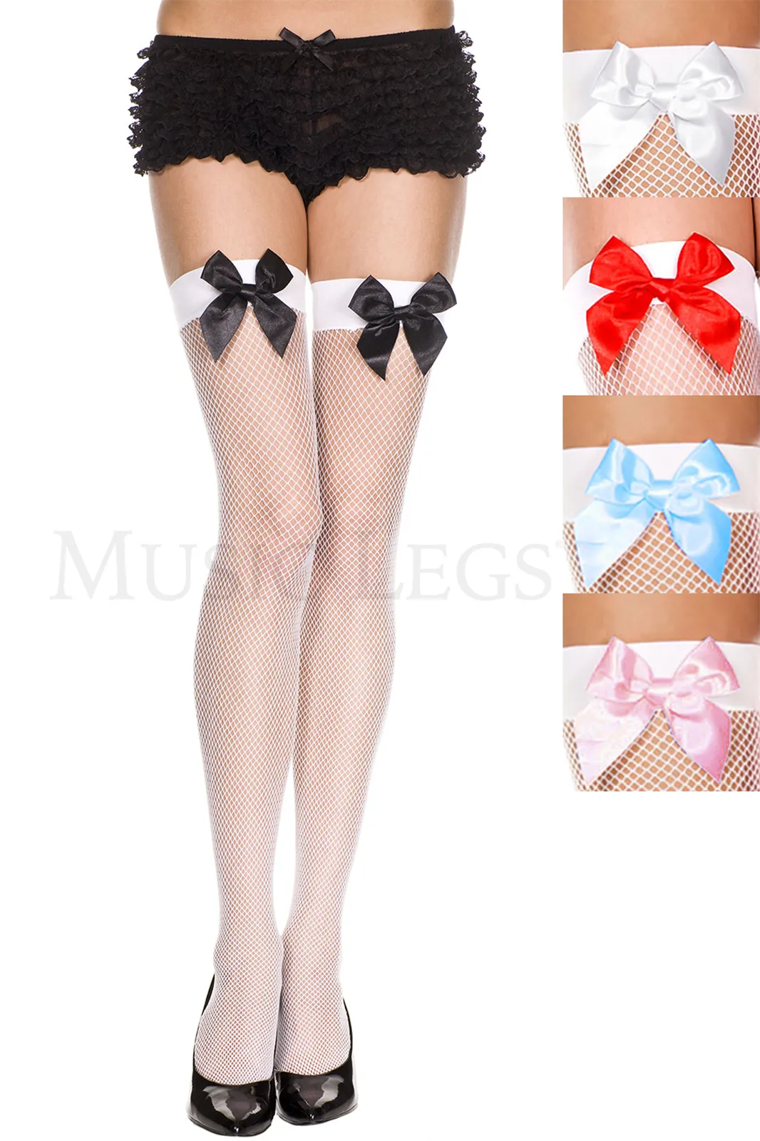 前後どっちもOK！リボンガーター付き細目網タイツ【ホワイトベース】