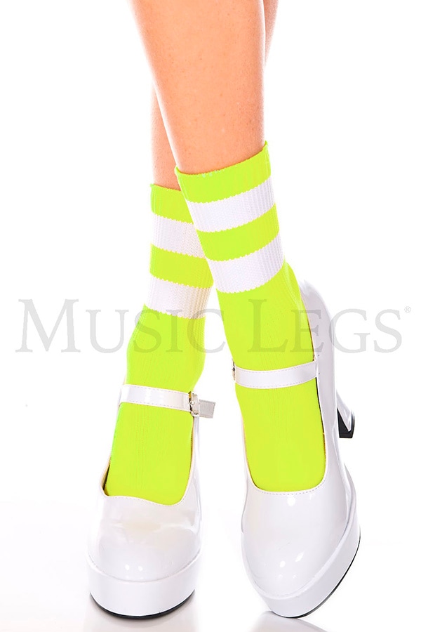 ライン入りアンクルソックス・ネオングリーンホワイト