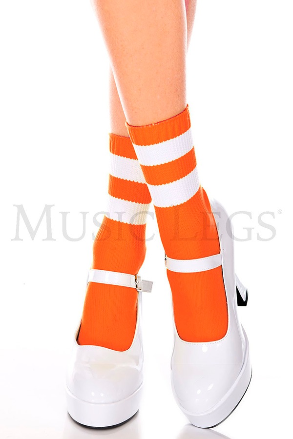 ライン入りアンクルソックス・ネオンオレンジホワイト