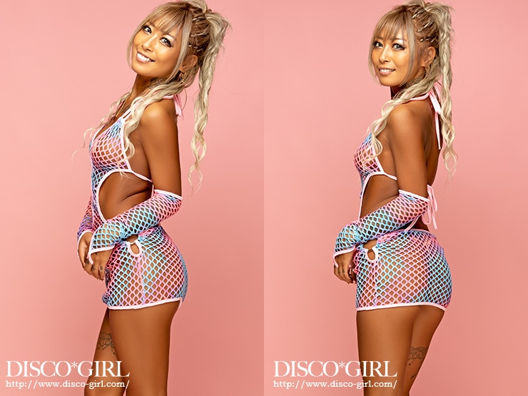 フロント＆サイドリング付きマイクロミニ ボディコン・フィッシュネットピンクブルーグラデーション