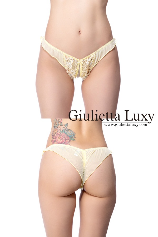 レースとパワーネットのオープンショーツ・イエロー