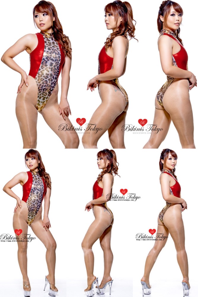 【BikinisTokyoオリジナル】ファスナー付きハイネックハーフバックレオタード・ゴールドレオパードサイドミストレッド