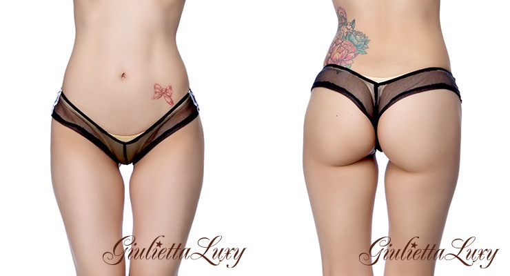 すけすけメッシュ素材サイドライン極浅ヒップハングショーツ・ブラック