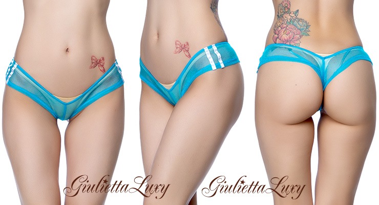 すけすけメッシュ素材サイドライン極浅ヒップハングショーツ・ブルー